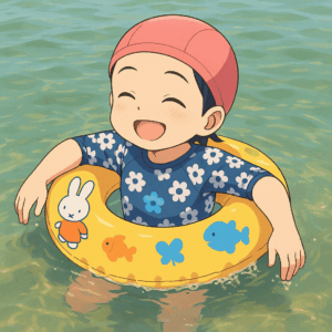 浮き輪で遊ぶひなたのイラスト
