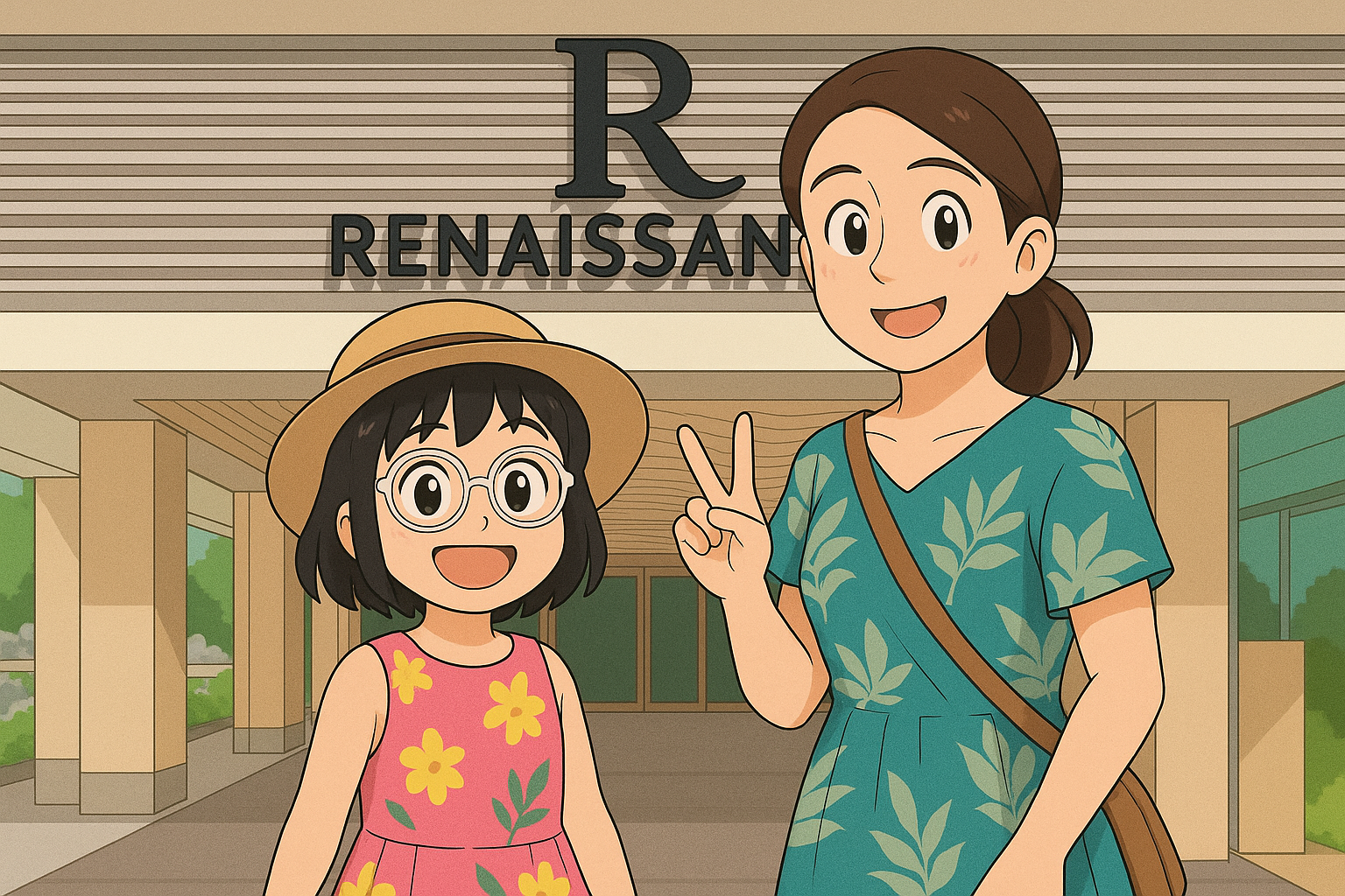 沖縄のリゾートホテル前で笑顔を見せる母娘のイラスト。娘がピンクのワンピースと帽子をかぶり、母が緑のワンピースでピースをしている。子連れ沖縄旅行のリアルな体験を伝える記事のアイキャッチ。