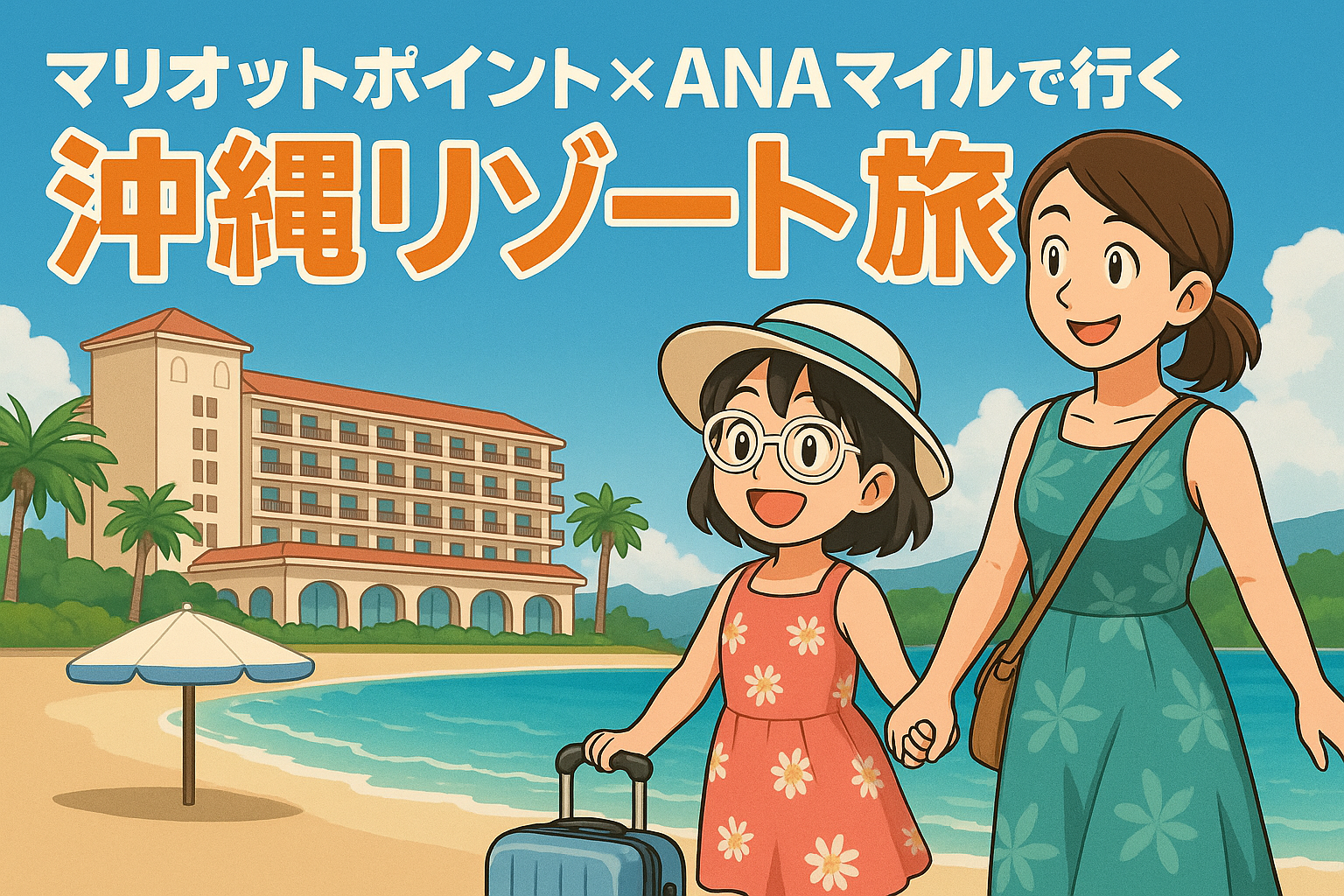 ひなママとひなたがスーツケースを引きながら笑顔で歩く、沖縄リゾートホテル前のアニメ風イラスト。マリオットポイントとANAマイルを使った家族旅行を表現。
