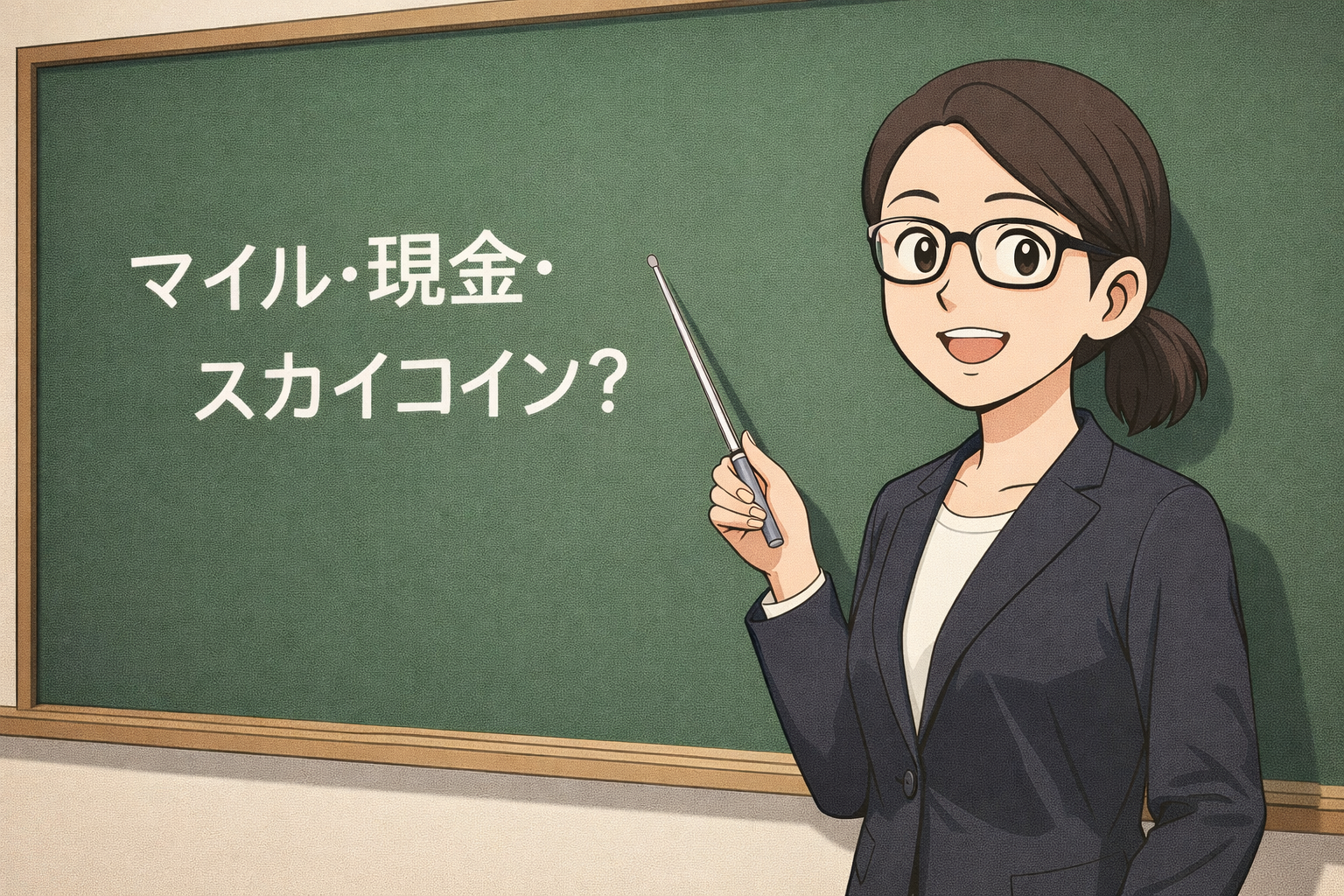 メガネをかけたひなママが黒板の前で指示棒を持ち、マイル・現金・スカイコインについて説明しているイラスト